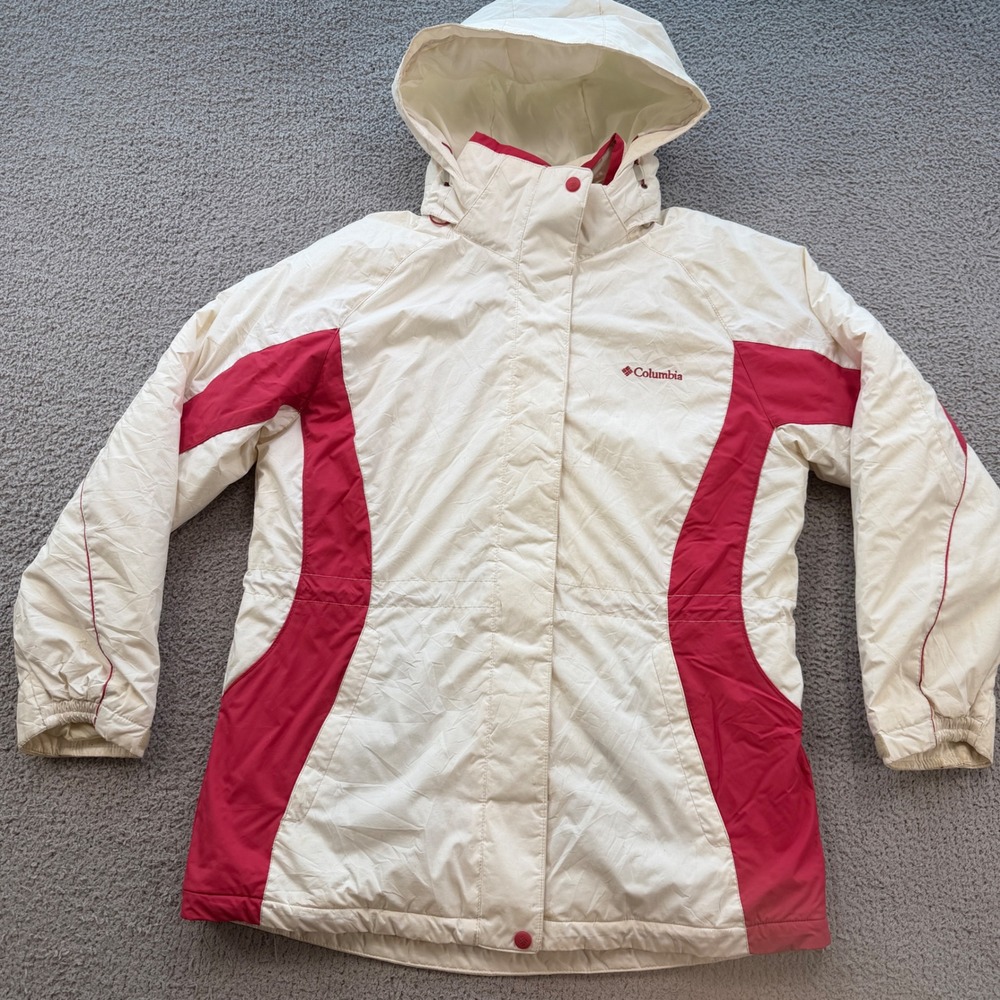 Columbia Womens Cream Red Colorblock Water Resistant Hooded Parka Jacket Size M